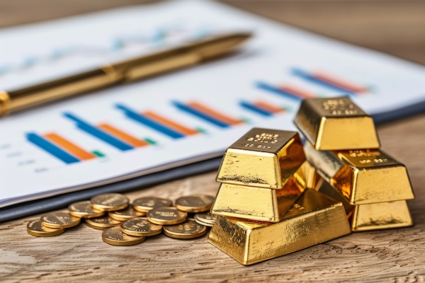 Gold at spot price bullion and coins with financial charts on desk